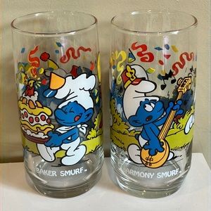 Vintage Baker Smurf and Harmony Smurf glassware glasses